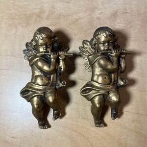 Set Of 2 Gold Colored Angels Cherubs Playing The Flute Ornaments